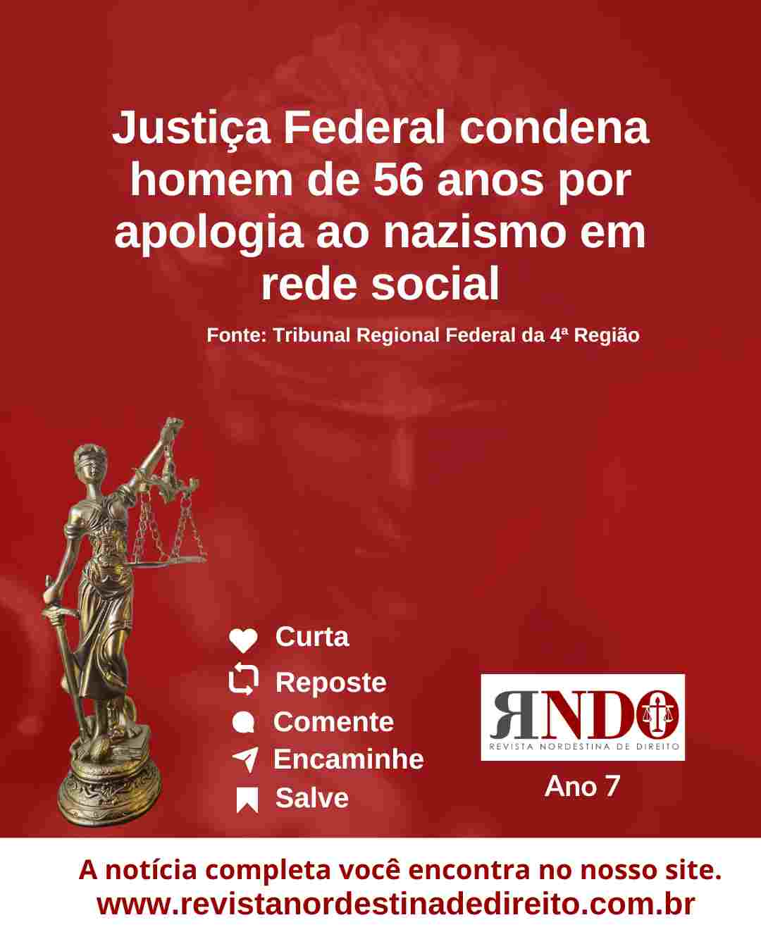 Justiça Federal condena homem de 56 anos por apologia ao nazismo em rede social